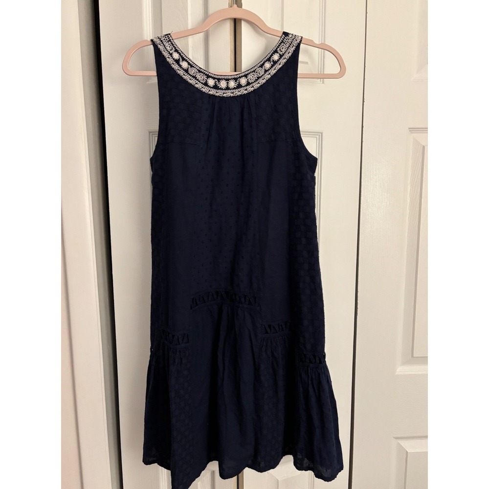 Maeve Anthropologie Navy Embroidered Dress Size 2 Oversized  Boho Tiered Cotton - Picture 9 of 11